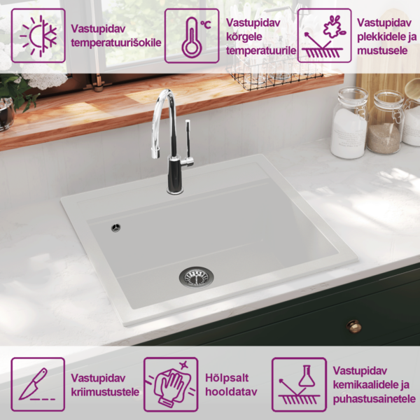Pealepaigaldatav ühepoolne graniitkomposiidist köögivalamu, valge, 565 x 510 mm – 9