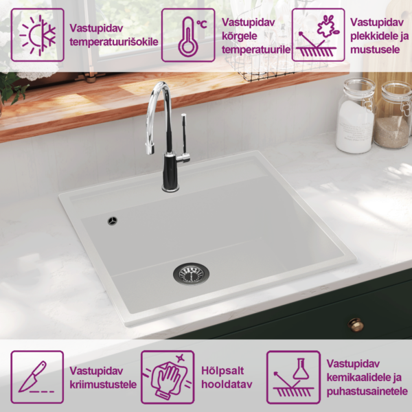 Valge graniitkomposiidist köögivalamu ülevooluavaga, 530 x 500 mm – 10