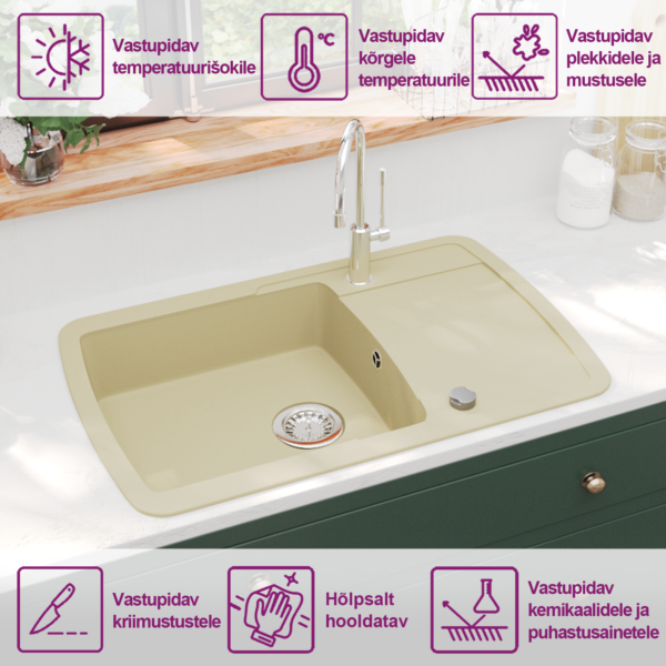 Ühe valamuga graniitköögivalamu, valge, pealepaigaldatav ja pööratav, 780 x 500 mm – 9