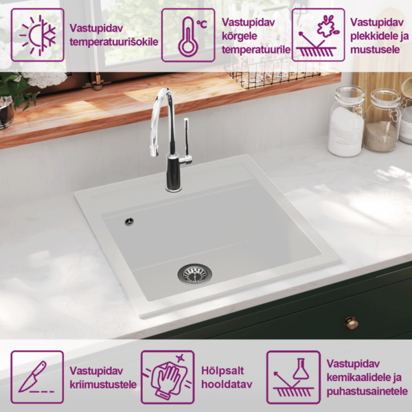 Ühepoolne valge graniitköögivalamu sõelaga, kapipealne, 490 x 510 mm – 9