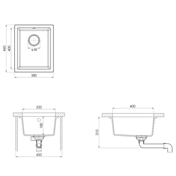 Valge graniitköögivalamu ülevooluavaga, allapaigaldatav, 380 x 460 mm – 8