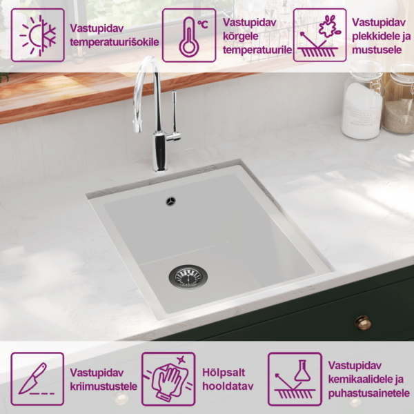 Valge graniitköögivalamu ülevooluavaga, allapaigaldatav, 380 x 460 mm – 10