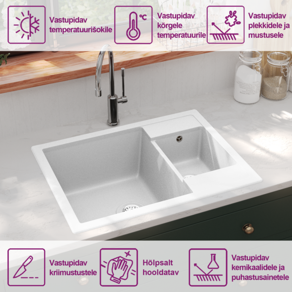 Kahe kausiga graniitkomposiidist köögivalamu ülevooluavaga, valge, 580 x 440 mm – 10