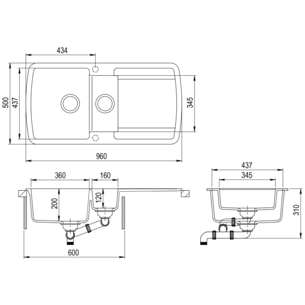 Kahepoolne graniitsegust köögivalamu, valge, 960 x 500 mm – 8