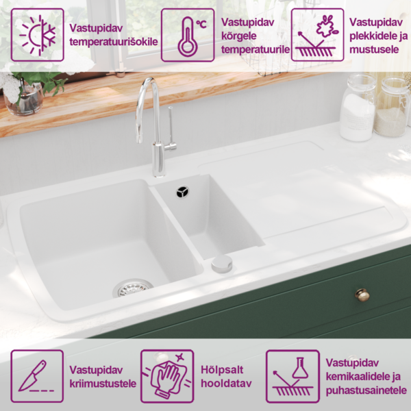 Kahepoolne graniitsegust köögivalamu, valge, 960 x 500 mm – 9