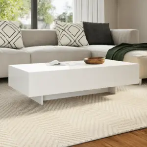 Valge kõrgläikelise viimistlusega MDF-kohvilaud, 115 x 55 x 31 cm