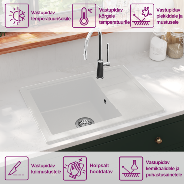 Kvarts-komposiidist köögivalamu ülevooluavaga, valge, 580 x 440 mm – 10