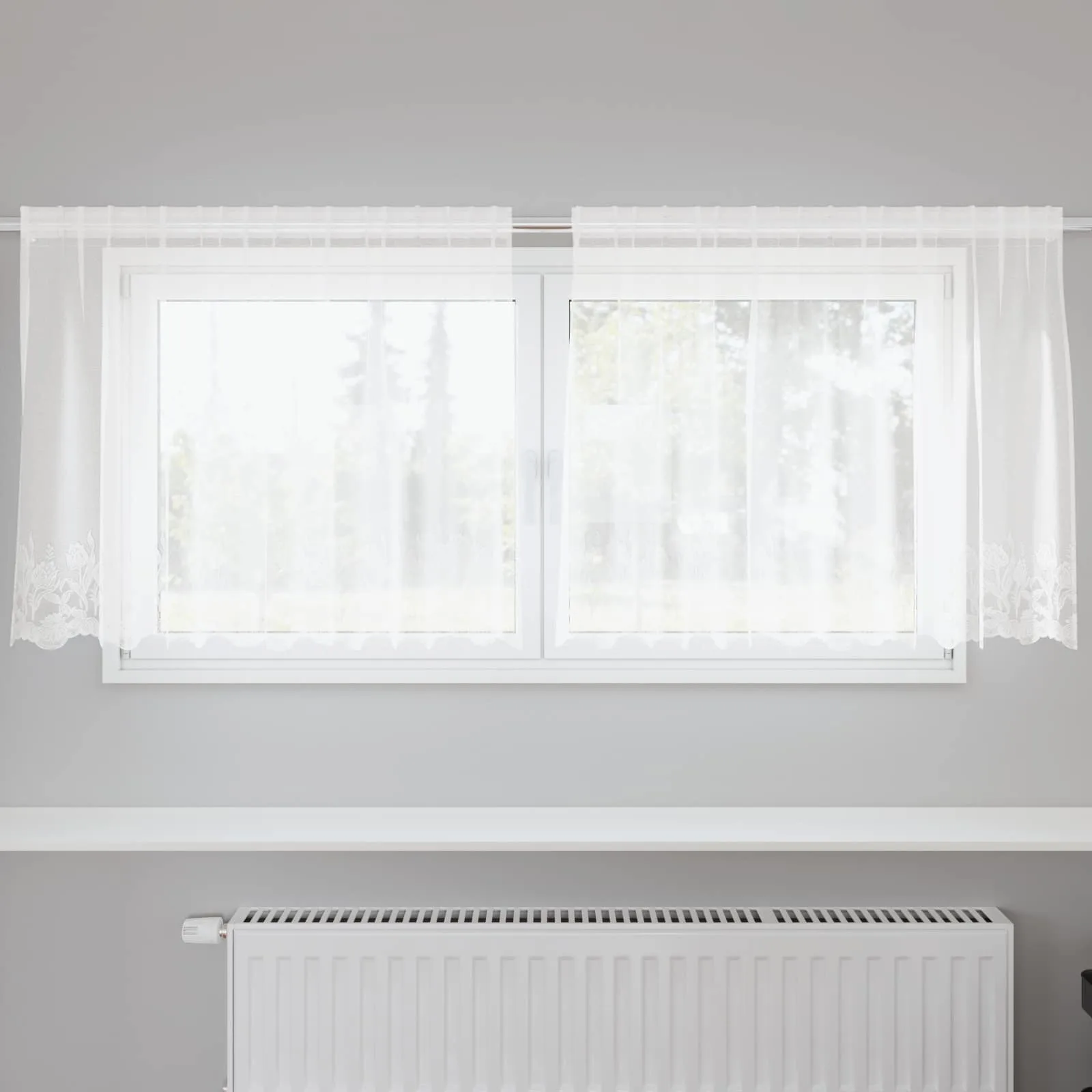 Valge lillemustriga pitskardin, polüester, 100 x 200 cm