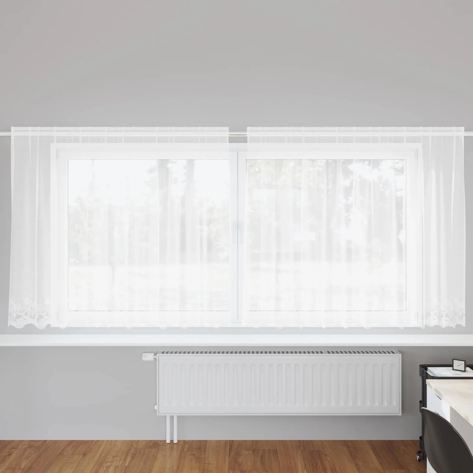 Valge lillemustriga pitskardin, 160 x 300 cm, polüester