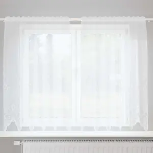 Valge lillemustriga pitskardin, polüester, 180 x 150 cm, 4 kinnitusviisiga