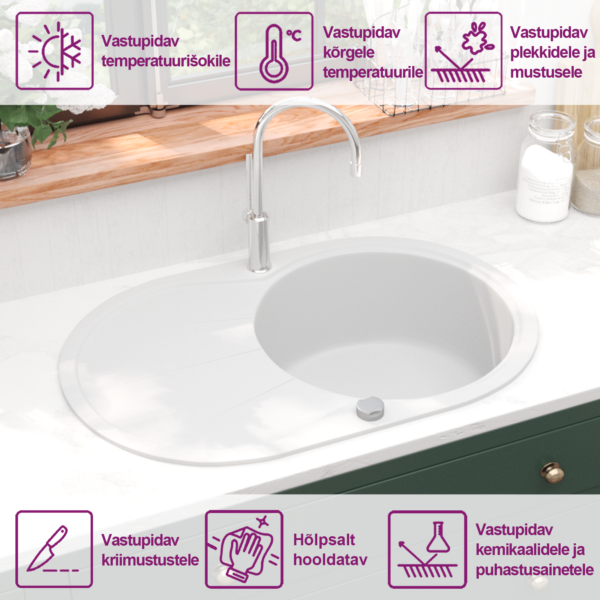 Ühe kausiga ovaalne graniitköögivalamu, valge, 770 x 490 mm – 9