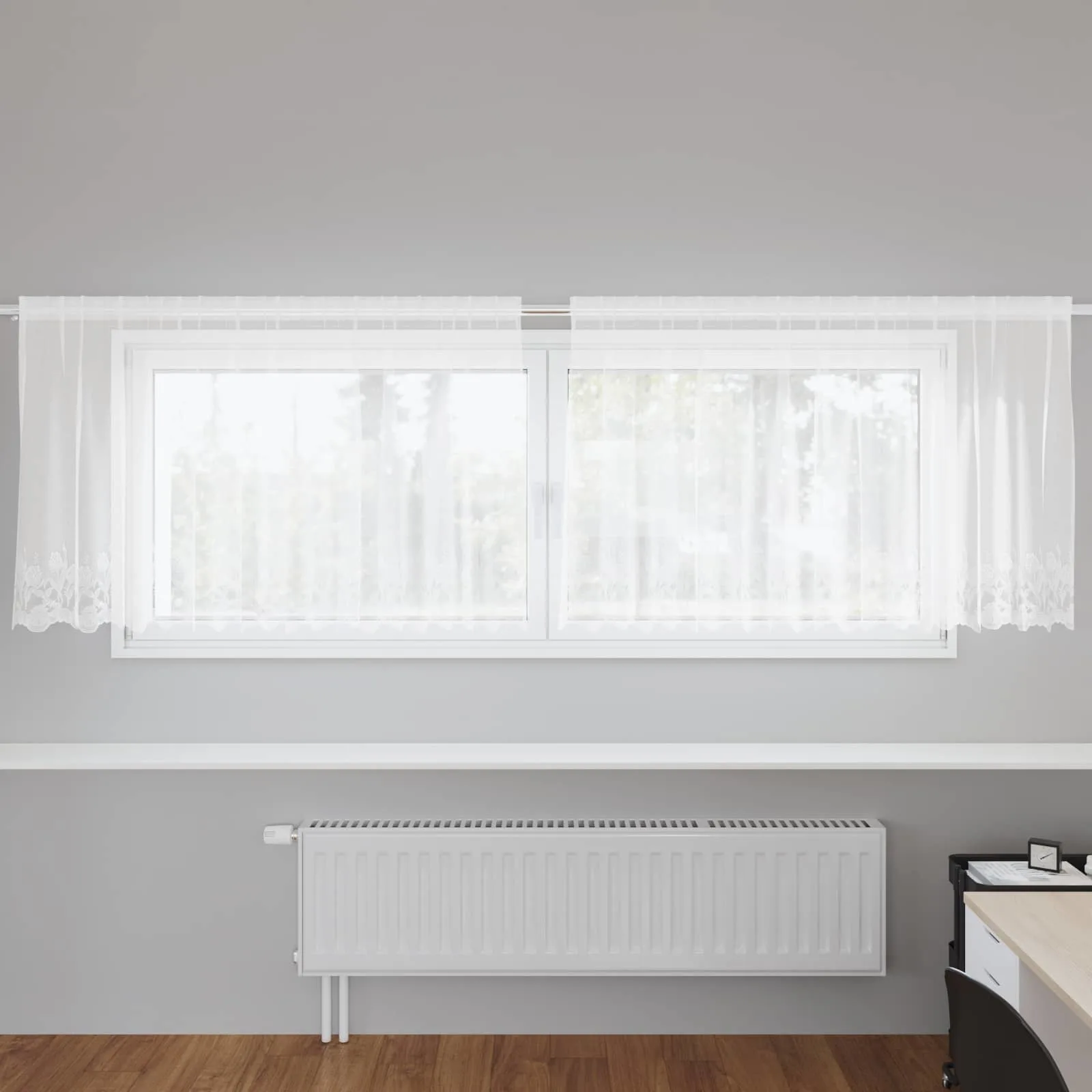 Valge pitskardin lillemustriga, polüester, 100 x 300 cm