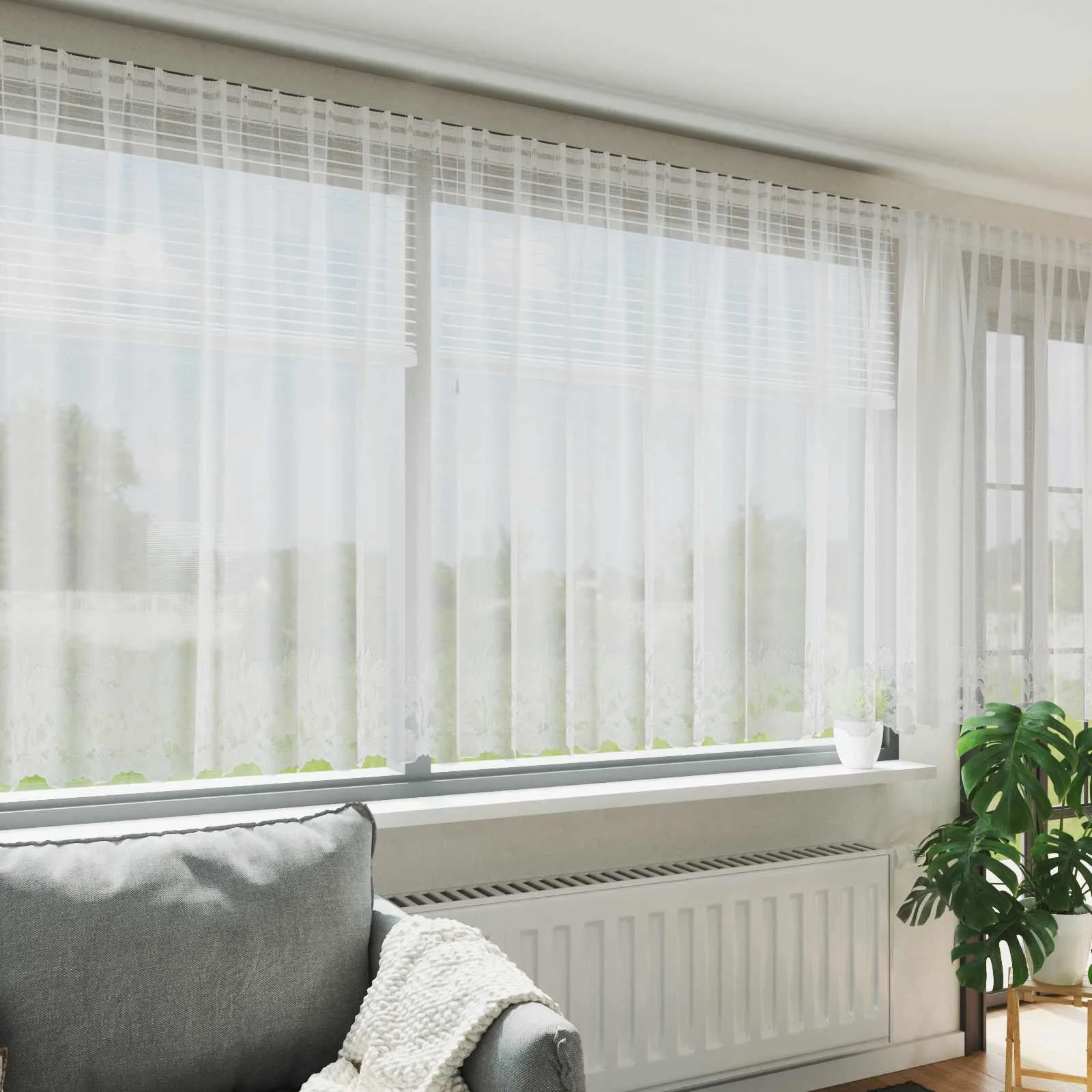 Valge pitskardin lillemustriga, 140 x 400 cm, polüester