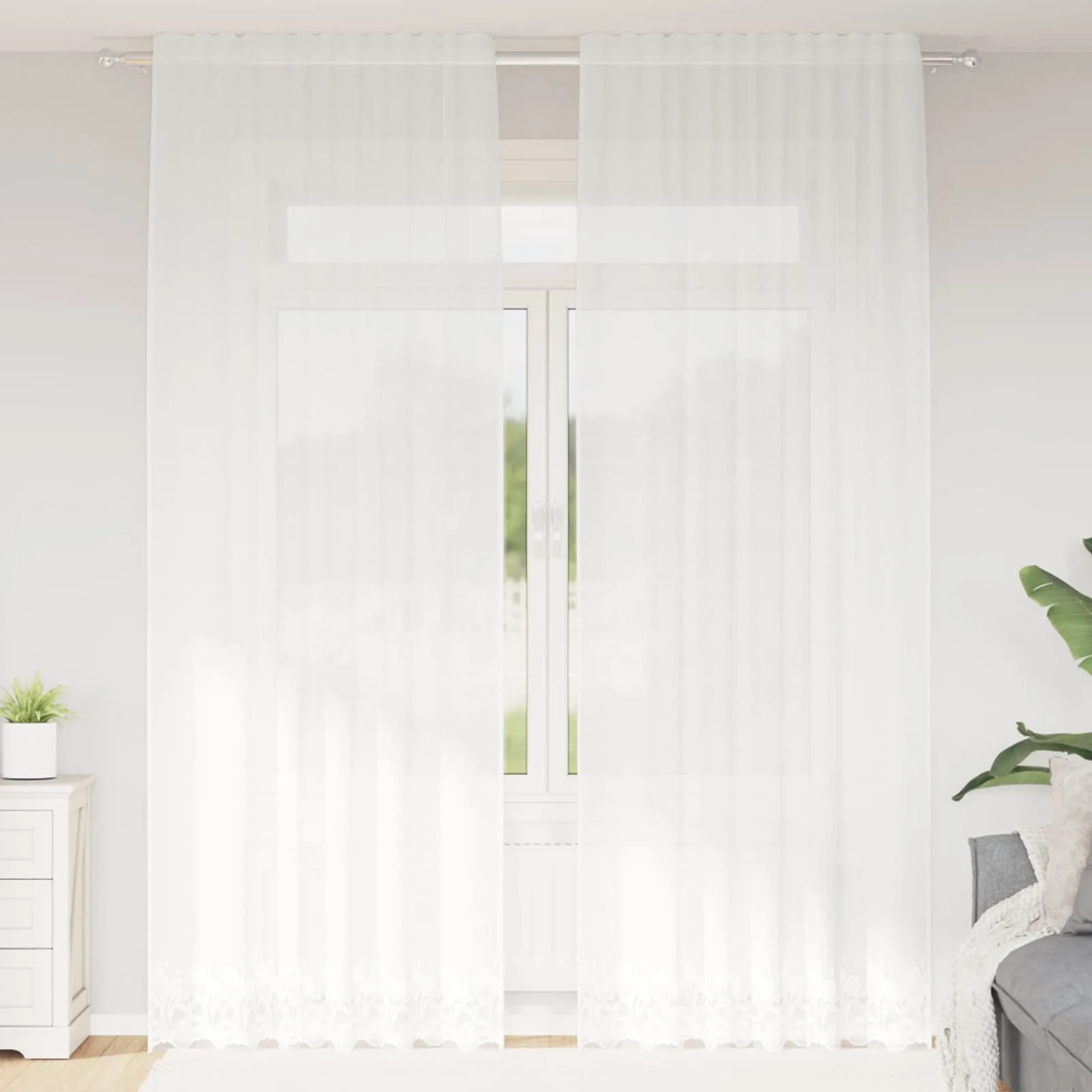 Valge pitskardin lillemustriga, polüester, 300 x 150 cm