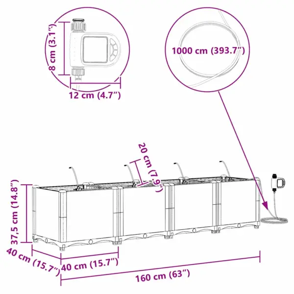 Valge terasest aia istutuskast kastmissüsteemiga, 4 osa, 160 x 40 x 37,5 cm – 10
