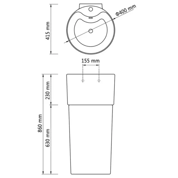 Valge ümar keraamiline põrandale paigaldatav või seinale kinnitatav valamu, üleujutusvastase avaga, 400 x 415 x 860 mm – 7