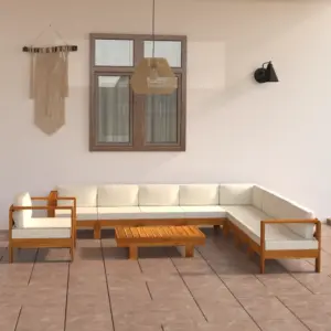 10-osaline aiamööbli komplekt kreemjasvalgete patjadega, õliviimistlusega akaatsiapuit, laud 100 x 60 cm