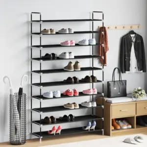 10-riiuliga kingariiul metallraami ja lausriidest riiulitega, must, 100 x 29,5 x 170 cm