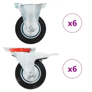 Pöörlevad kummirattad mööblile ja seadmetele, 100 mm, must, tsingitud raamiga, 12 tk (6 piduriga)