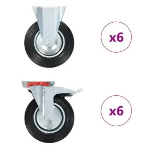 12 tk pöörlevad kummirattad mööblile, 200 mm, must, 6 pöörlevat ja 6 topeltpiduriga, kandevõime 180 kg