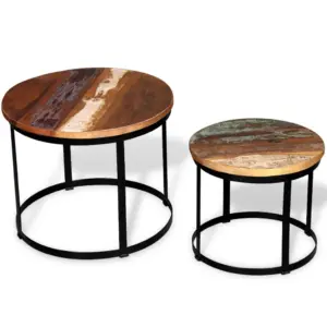 2-osaline ümmargune kohvilauakomplekt taaskasutatud puidust, pruun-must, metallraamiga, 40 ja 50 cm