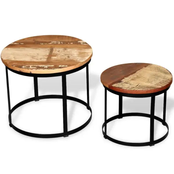 2-osaline ümmargune kohvilauakomplekt taaskasutatud puidust, pruun-must, metallraamiga, 40 ja 50 cm – 2