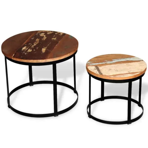 2-osaline ümmargune kohvilauakomplekt taaskasutatud puidust, pruun-must, metallraamiga, 40 ja 50 cm – 5