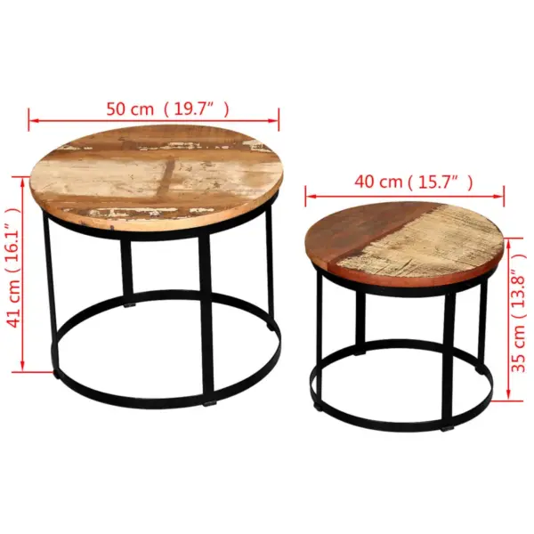 2-osaline ümmargune kohvilauakomplekt taaskasutatud puidust, pruun-must, metallraamiga, 40 ja 50 cm – 7