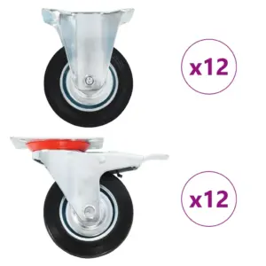 24 tk pöörlevad kummirattad, 100 mm, must, 12 piduritega, kuni 70 kg