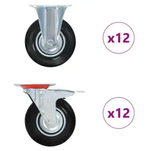 Kummist mööblirattad plaadiga, 24 tk, 125 mm, must, kandevõime 100 kg, tsingitud raudraam, 12 pöörlevat ja 12 topeltpiduriga ratast