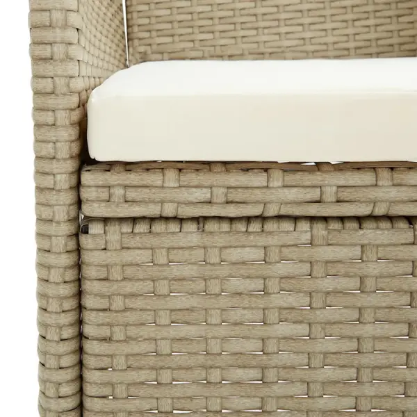 3-osaline aiamööbli komplekt, beež polürotang, klaasplaadiga laud 80 x 80 cm, 2 tugitooli pehmendatud istmepatjadega – 13
