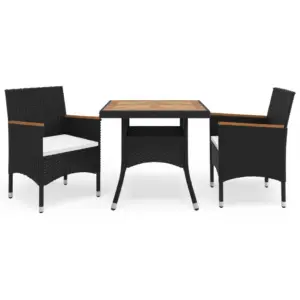 3-osaline aiamööbli komplekt, must polürotang ja akaatsiapuit, laud 80 x 80 cm, kreemjad padjad