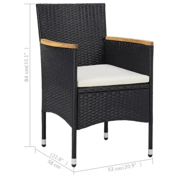 3-osaline aiamööbli komplekt, must polürotang ja akaatsiapuit, laud 80 x 80 cm, kreemjad padjad – 12