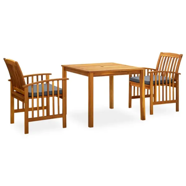 3-osaline akaatsiapuidust aiamööbli komplekt patjadega, laud 88 x 88 cm, tumehallid istmepadjad – 2