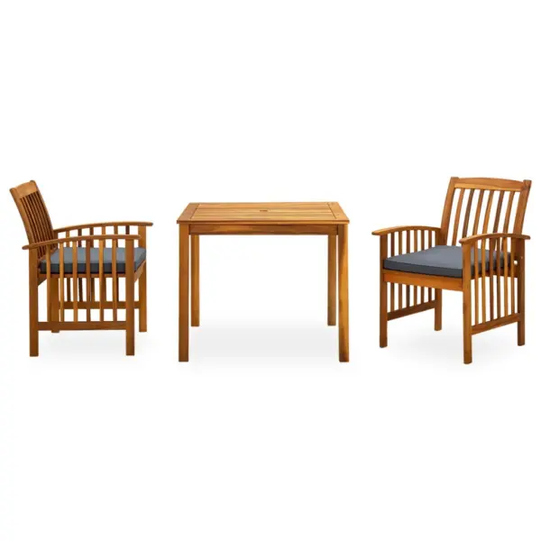 3-osaline akaatsiapuidust aiamööbli komplekt patjadega, laud 88 x 88 cm, tumehallid istmepadjad – 3