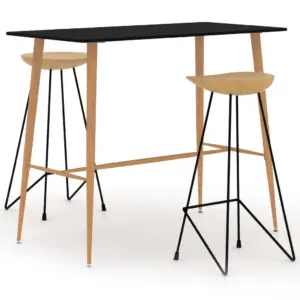 3-osaline baarikomplekt musta MDF-baarilaua ja tiigipuidust baaripukkidega, laud 120 x 60 x 105 cm