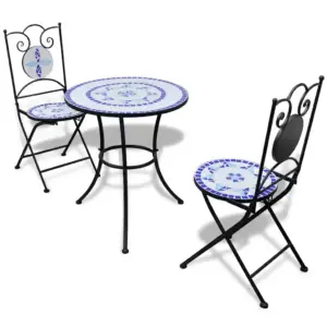 3-osaline bistrookomplekt, sinine-valge, keraamiliste plaatidega laud 60 x 70 cm