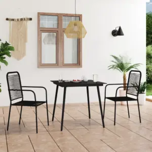 3-osaline aiamööbli komplekt puuvillanöörist toolide ja klaaslauaga, must, laud 80 x 80 cm