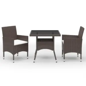 3-osaline aiamööbli komplekt patjadega, pruun polürotang, laud 80 x 80 cm, 2 tugitooli