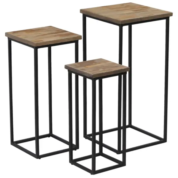 3-osaline lillelaudade komplekt taaskasutatud tiigipuust, musta terasraamiga, suur laud 35 x 35 x 72 cm – 11