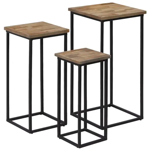 3-osaline lillelaudade komplekt taaskasutatud tiigipuust, musta terasraamiga, suur laud 35 x 35 x 72 cm – 13