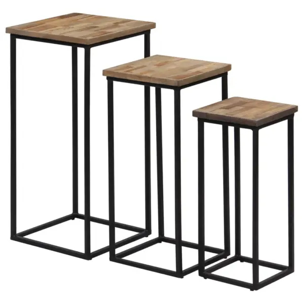 3-osaline lillelaudade komplekt taaskasutatud tiigipuust, musta terasraamiga, suur laud 35 x 35 x 72 cm – 3
