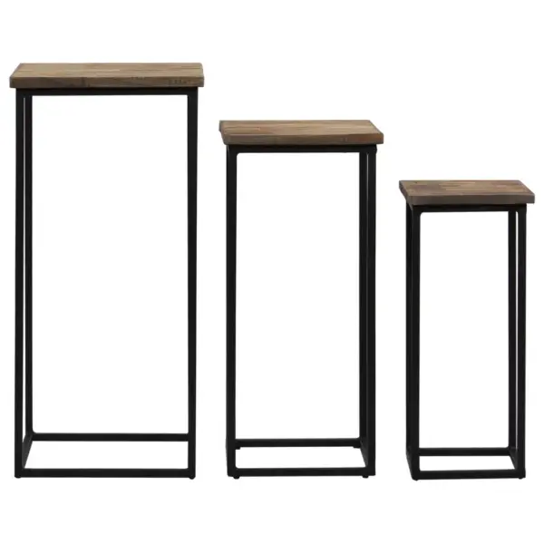 3-osaline lillelaudade komplekt taaskasutatud tiigipuust, musta terasraamiga, suur laud 35 x 35 x 72 cm – 4