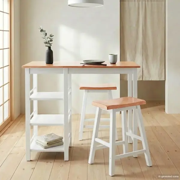 3-osaline baarikomplekt riiulitega, MDF ja kautšukipuu, valge/naturaalne puit – 3
