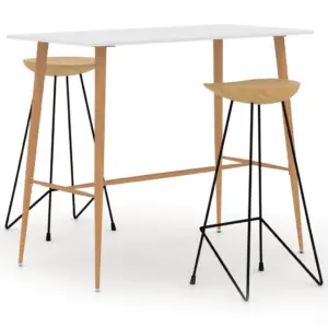 3-osaline baarikomplekt, valge baarilaud ja tiigipuust taburetid, 120 x 60 x 105 cm