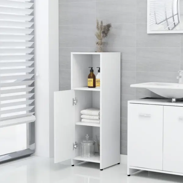 3-osaline vannitoamööbli komplekt peegli ja kappidega, valge tehispuit - 7