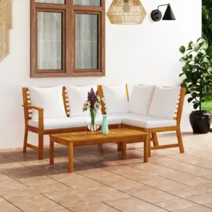 4-osaline akaatsiapuidust aiadiivanikomplekt patjadega, kreemjas, laud 100 x 50 cm