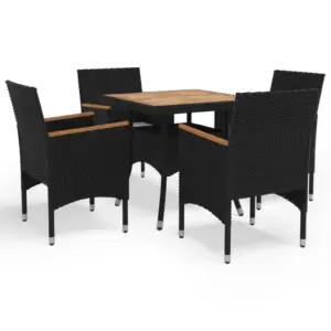5-osaline aiamööbli komplekt, must polürotang ja akaatsiapuit, laud 80 x 80 cm