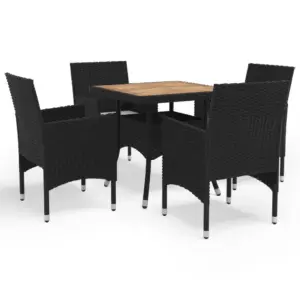 5-osaline aiamööbli komplekt musta polürotangi ja akaatsiapuidust lauaga, laud 80 x 80 cm
