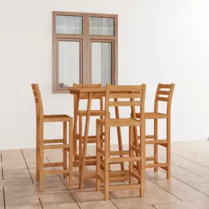 5-osaline akaatsiapuidust aiabaari komplekt, pruun, baarilaud 70 x 70 x 104 cm ja 4 seljatoega baaripukki